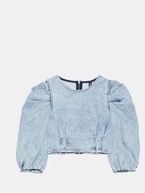 ZARA ACID WASH DENIM BALLOON SLEEVE CROP TOP 3/4 SLEEVE Large 8-10